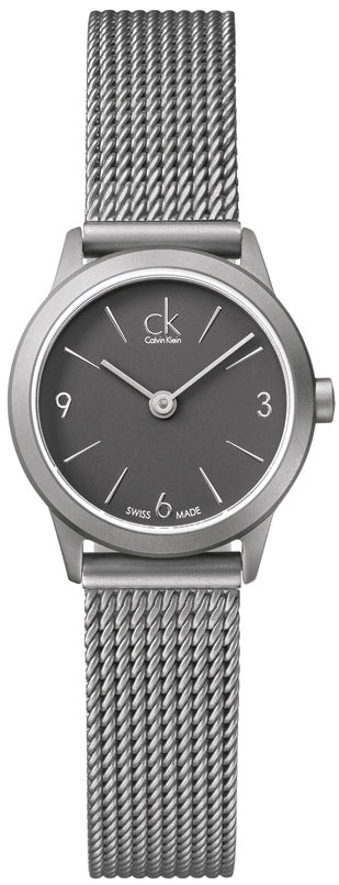 Calvin Klein Minimal K3M53154 women's watch with grey dial and mesh strap on wrist