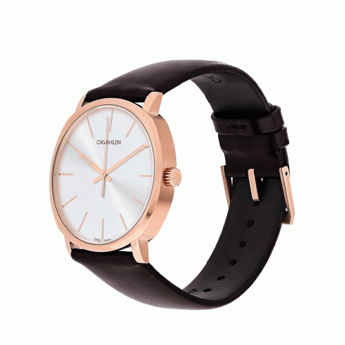 Calvin Klein Posh Silver Dial Brown Leather Strap Watch for Men K8Q316G6