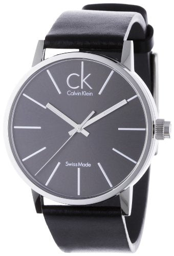 Calvin Klein Post Minimal watch angled view showing stainless steel case and leather strap