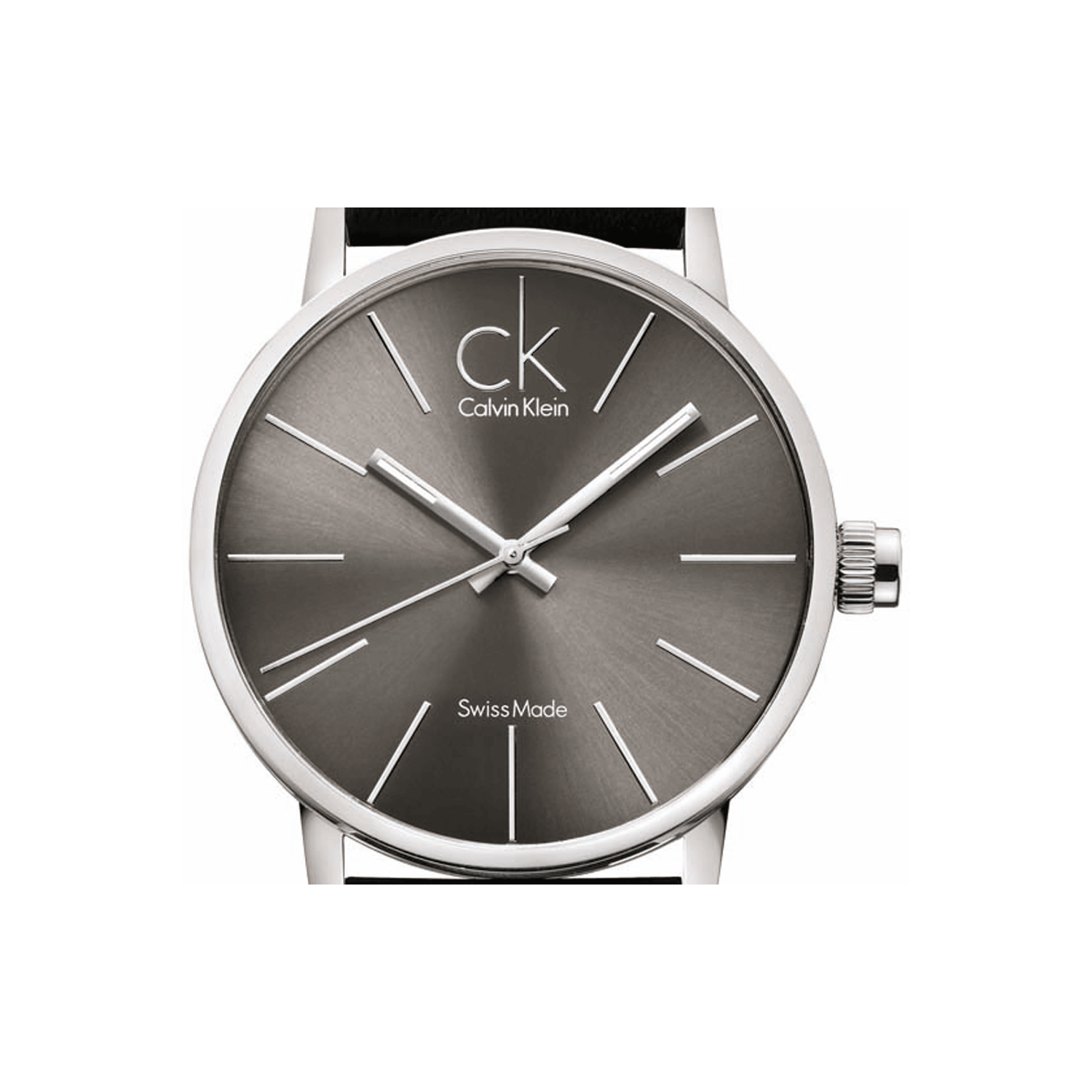 Calvin Klein Post Minimal watch dial close-up showing Swiss Made marking