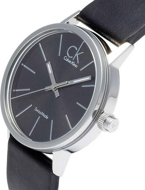 Calvin Klein Post Minimal watch on wrist showing black leather strap