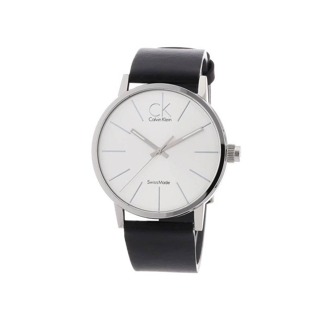 Calvin Klein Post Minimal watch front view with silver case and black strap