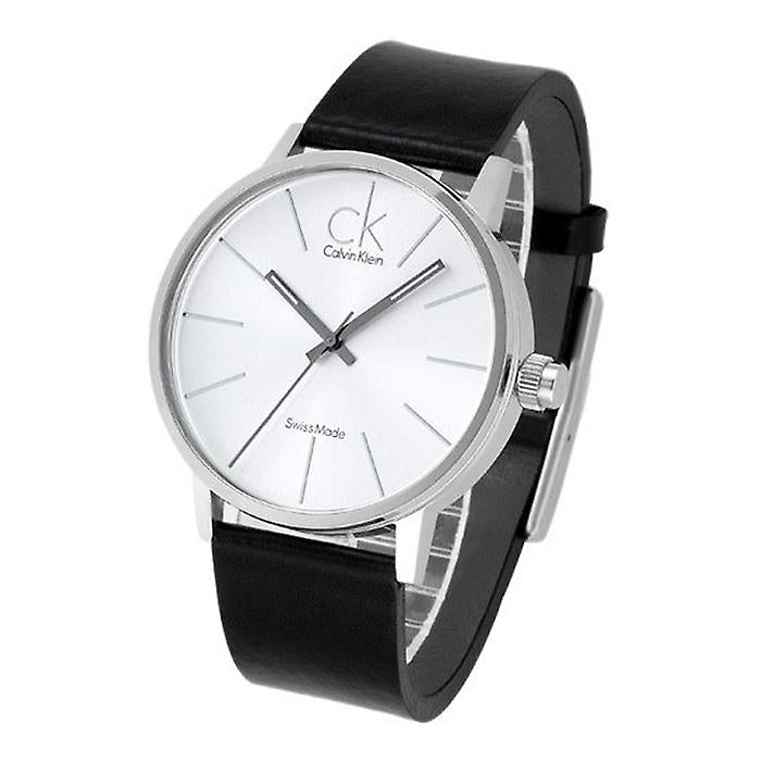 Calvin Klein Post Minimal watch worn on wrist with black leather strap