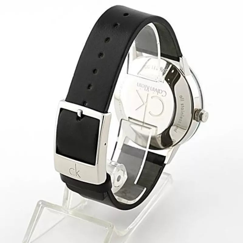 Side profile of Calvin Klein watch showing case thickness and strap details