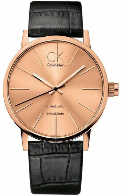 Calvin Klein Post Minimal watch with gold dial, rose gold case, and black leather strap