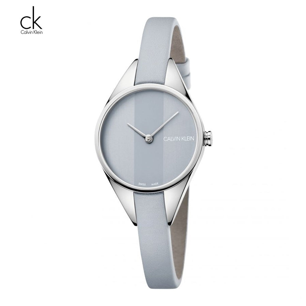 Calvin Klein Rebel K8P231Q4 watch featuring minimalist light grey dial and light grey leather strap