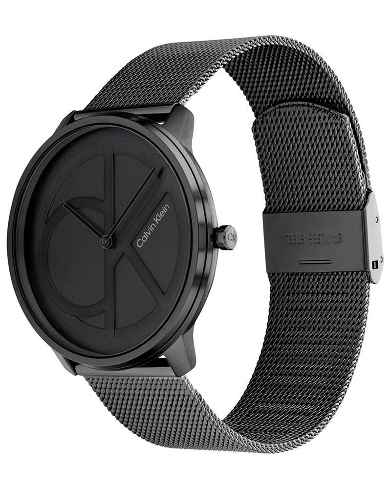 Calvin Klein Rise watch angled view showing mesh bracelet and black case