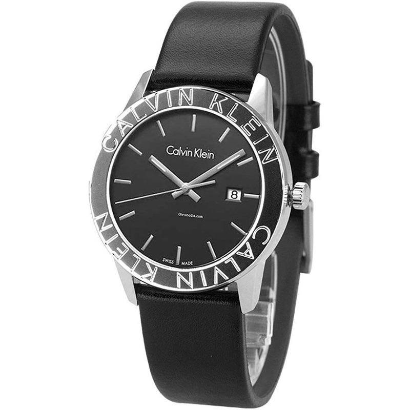 Calvin Klein Rise K7Q211C1 watch displayed at angle showing black leather strap