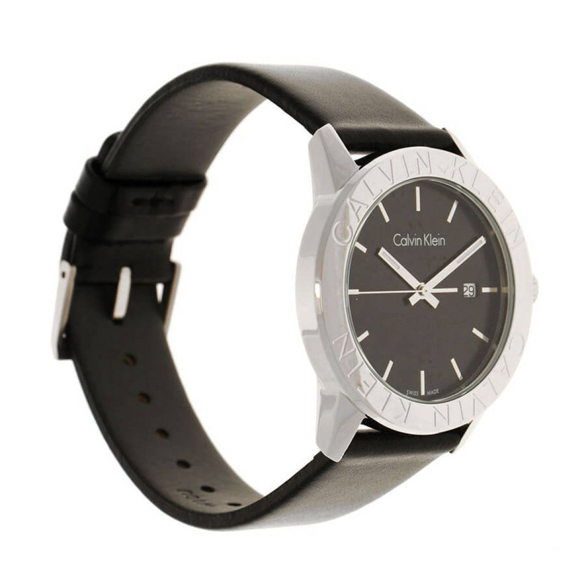Calvin Klein Rise K7Q211C1 watch showing black leather strap and adjustable fit