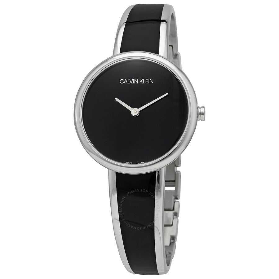 Calvin Klein Seduce women's watch with black dial and two-tone strap, front view