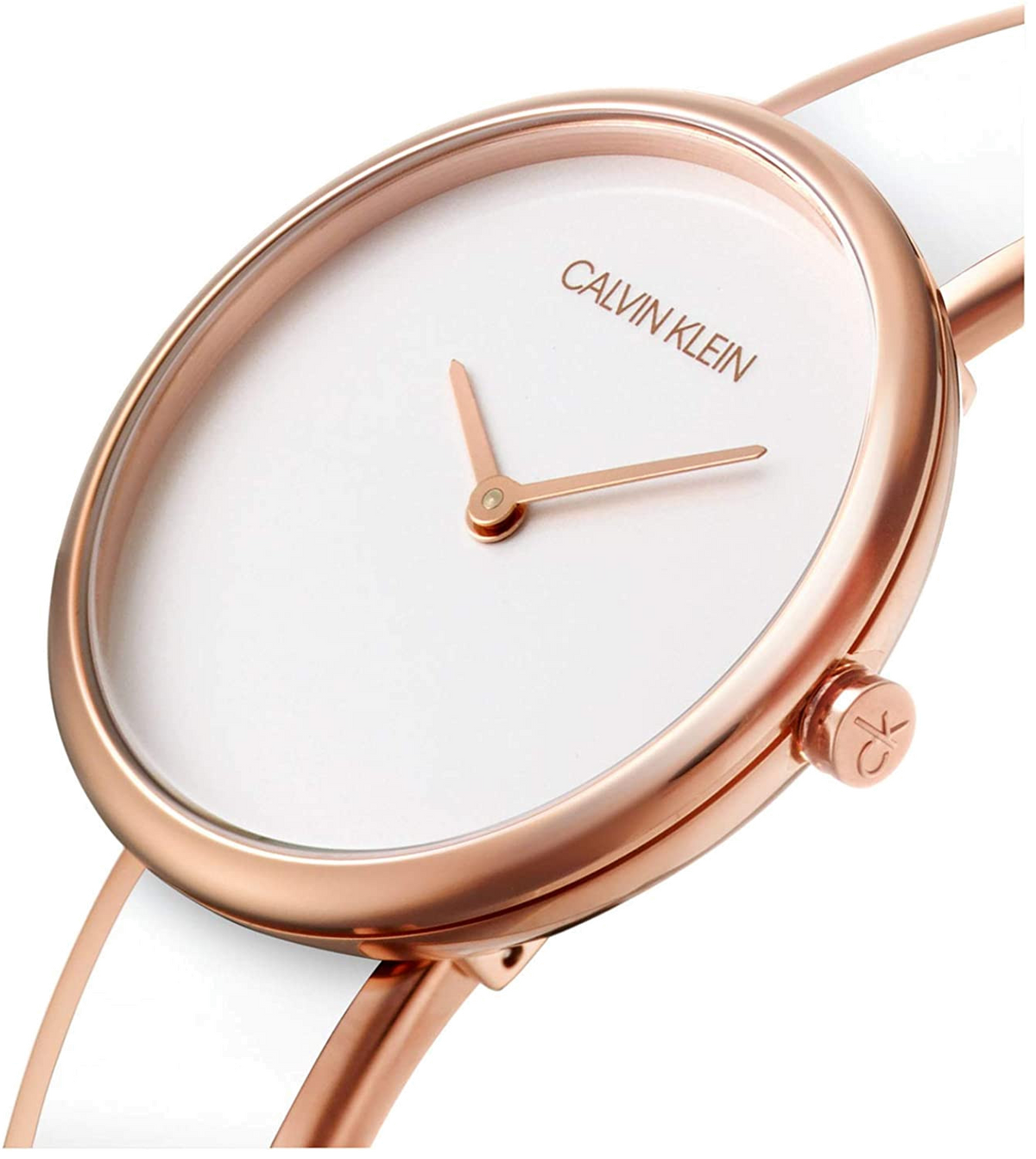 Calvin Klein Seduce dial detail white face rose gold hands and bezel
