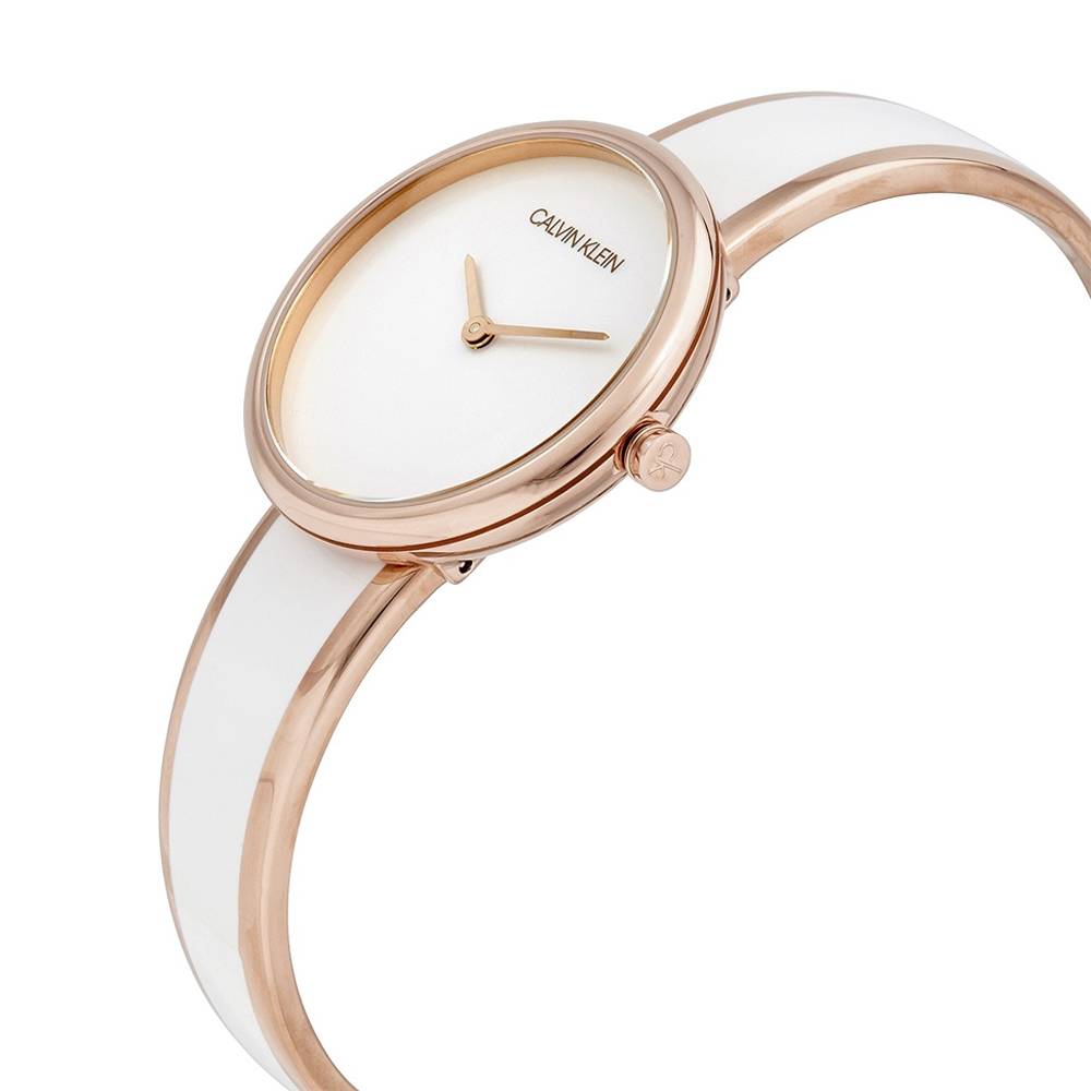 Calvin Klein Seduce K4E2N616 watch on wrist two-tone rose gold white strap