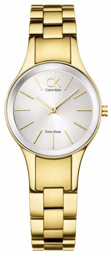 Calvin Klein Simplicity gold tone ladies watch with white dial and link bracelet