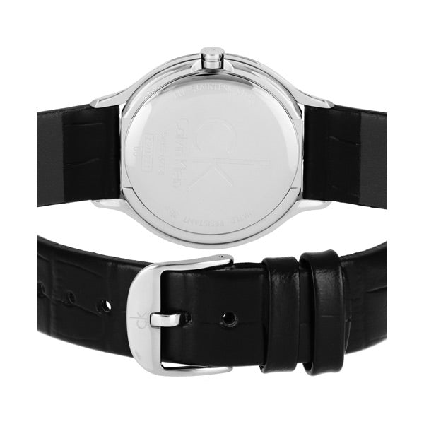 Calvin Klein Skirt watch caseback and black leather strap with silver-tone buckle