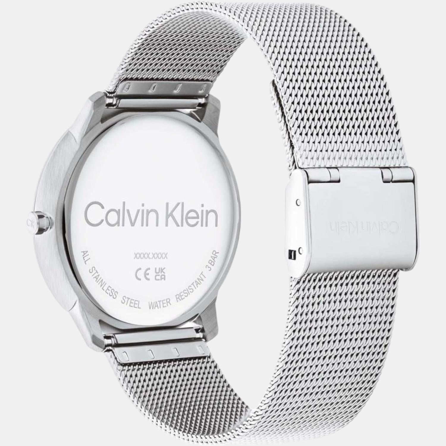 Calvin Klein Stately watch caseback showing engraved branding and stainless steel
