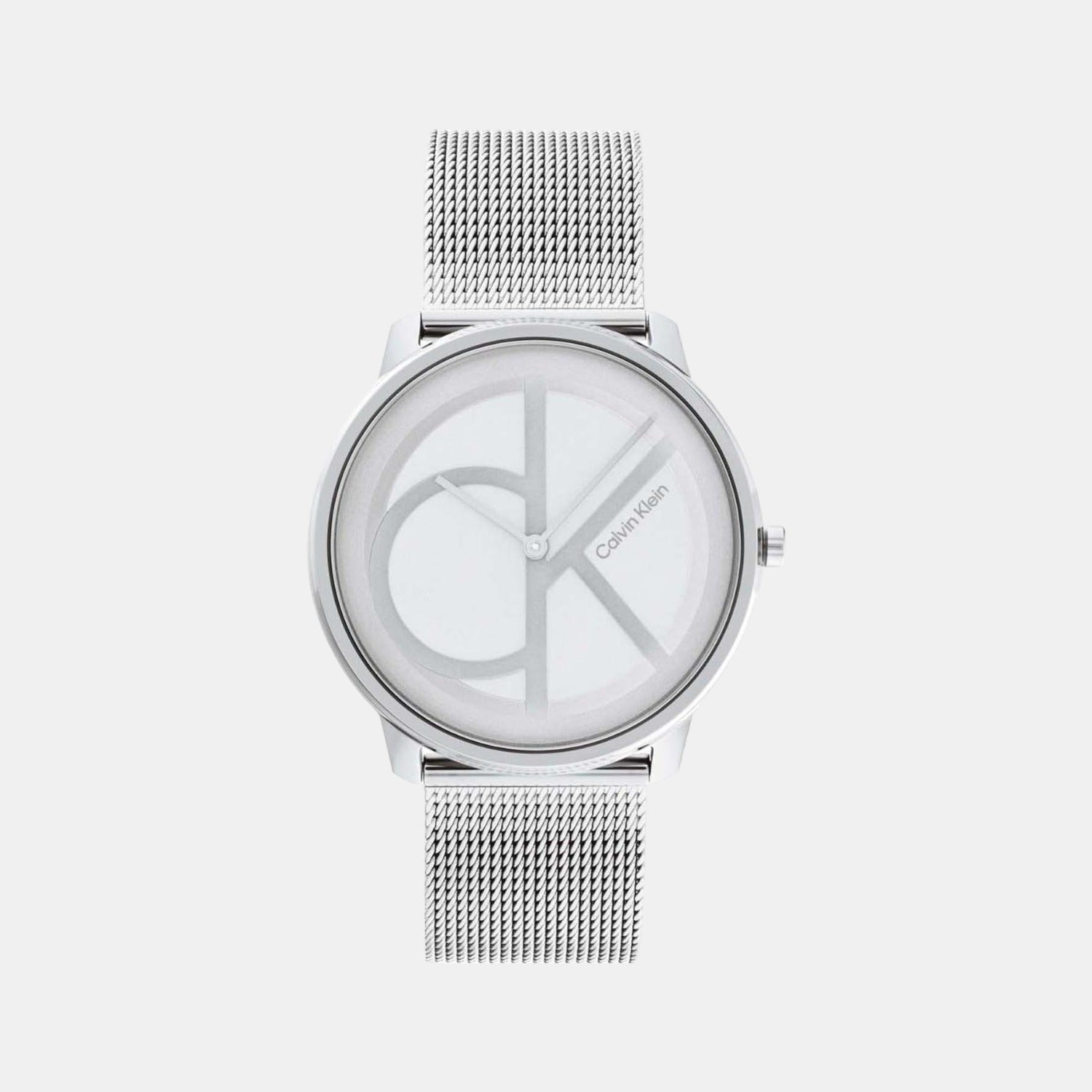 Calvin Klein Stately quartz watch with monogram dial and silver mesh band