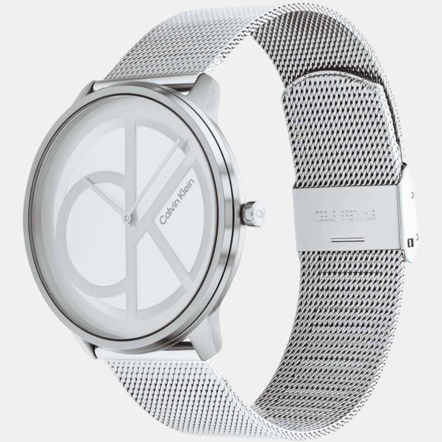 Calvin Klein Stately watch side view with mesh strap and push-button clasp