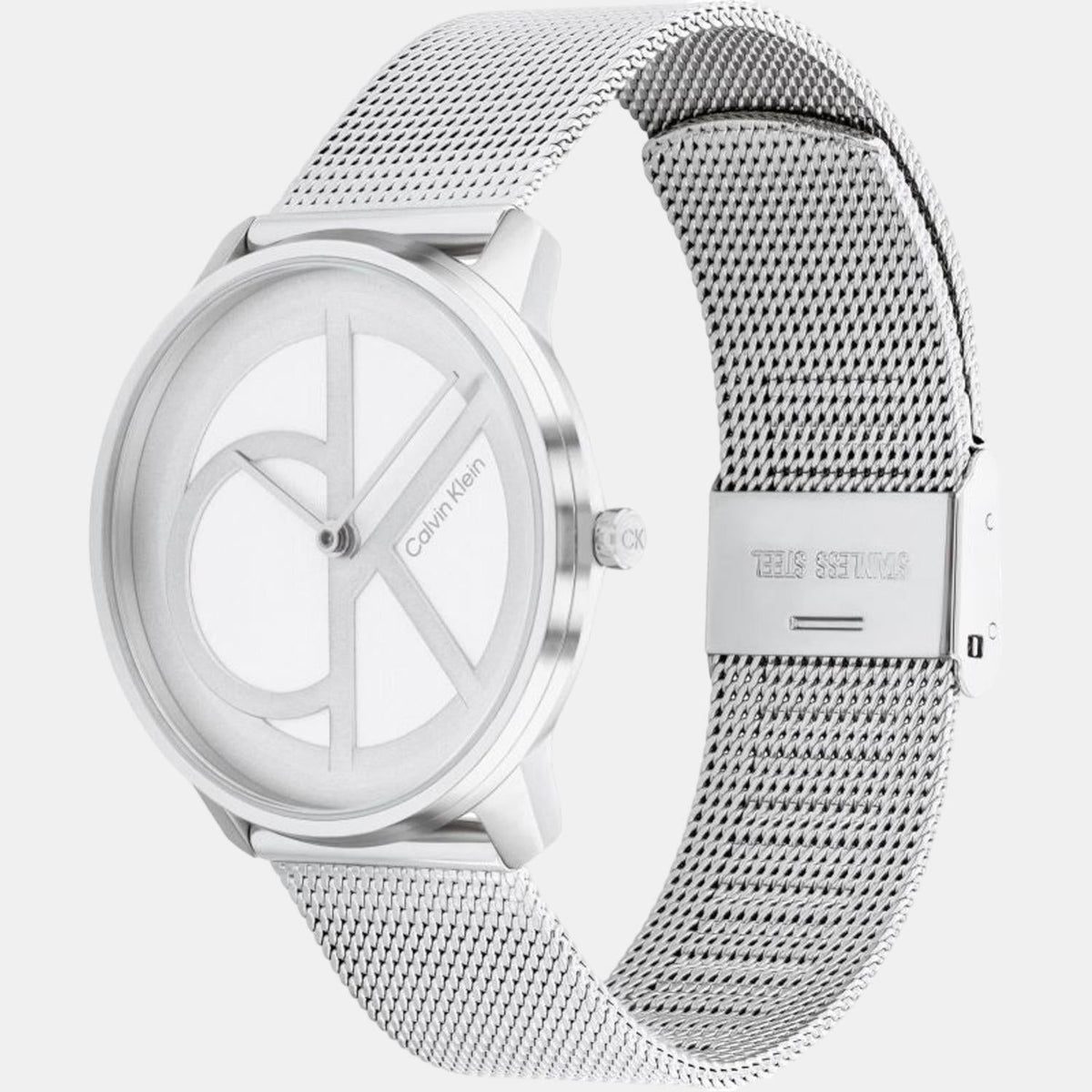 Side angle view of Calvin Klein Stately watch showing case and mesh strap