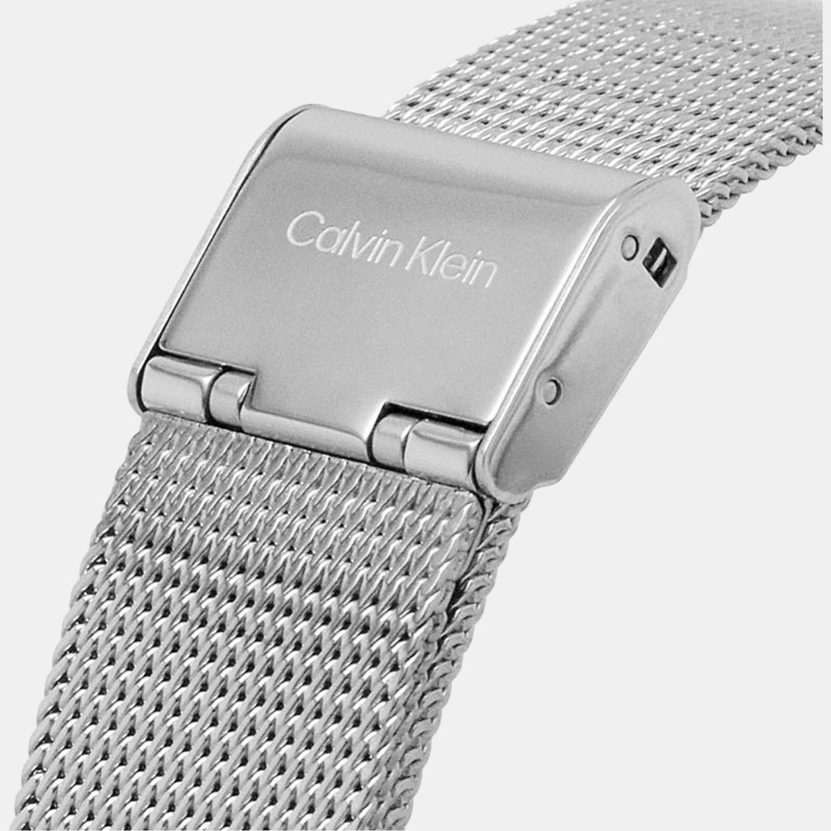 Close-up of Calvin Klein Stately fold-over mesh clasp on silver band