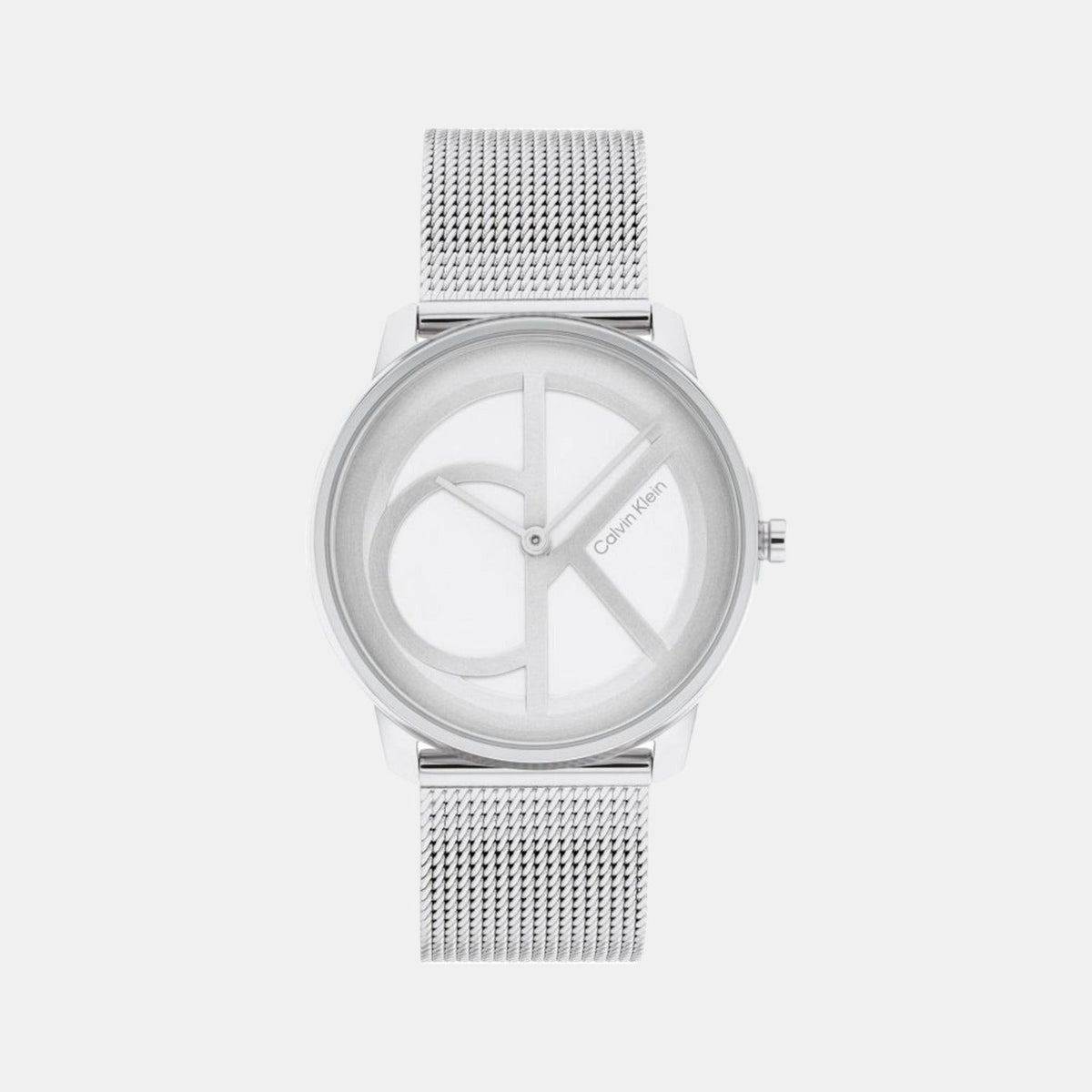 Front view of Calvin Klein Stately watch with minimalist white dial and silver mesh band