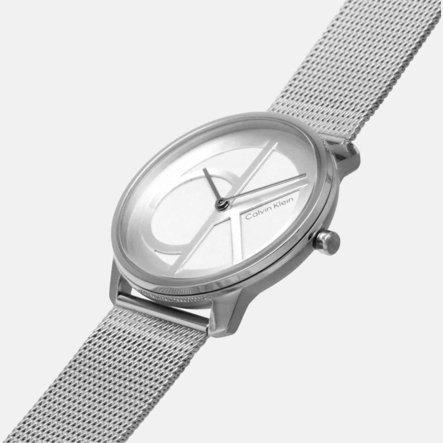 Caseback detail of Calvin Klein Stately watch with mesh band