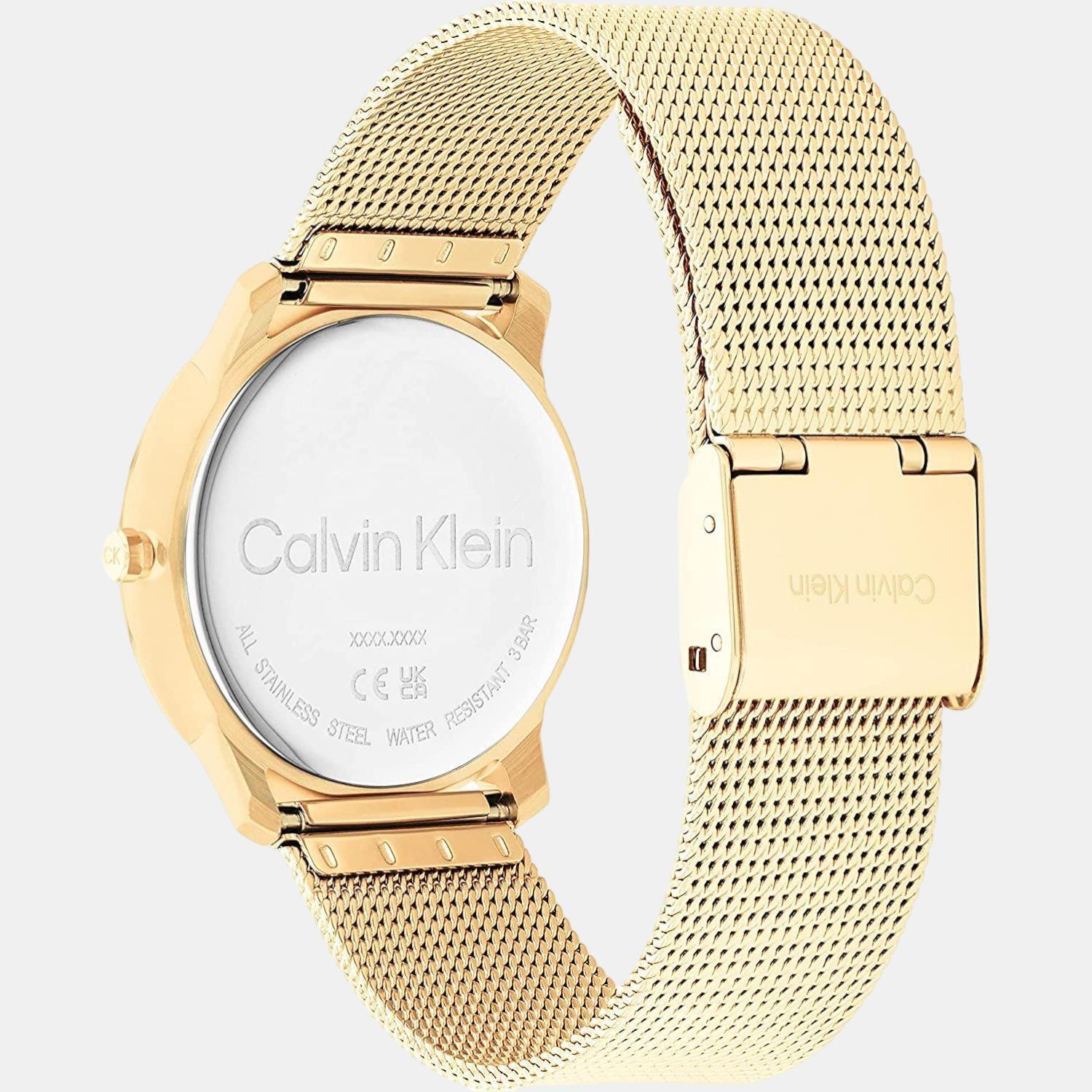 Calvin Klein Stately watch caseback showing engraved logo and mesh strap detail