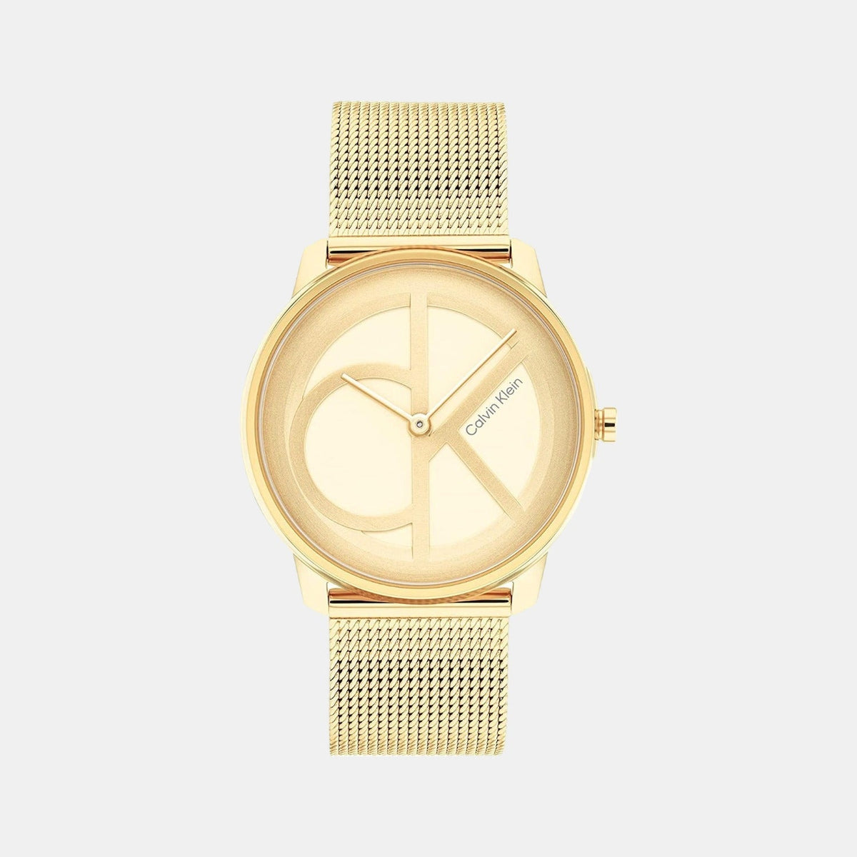 Calvin Klein Stately quartz watch with white dial and CK logo on gold mesh strap