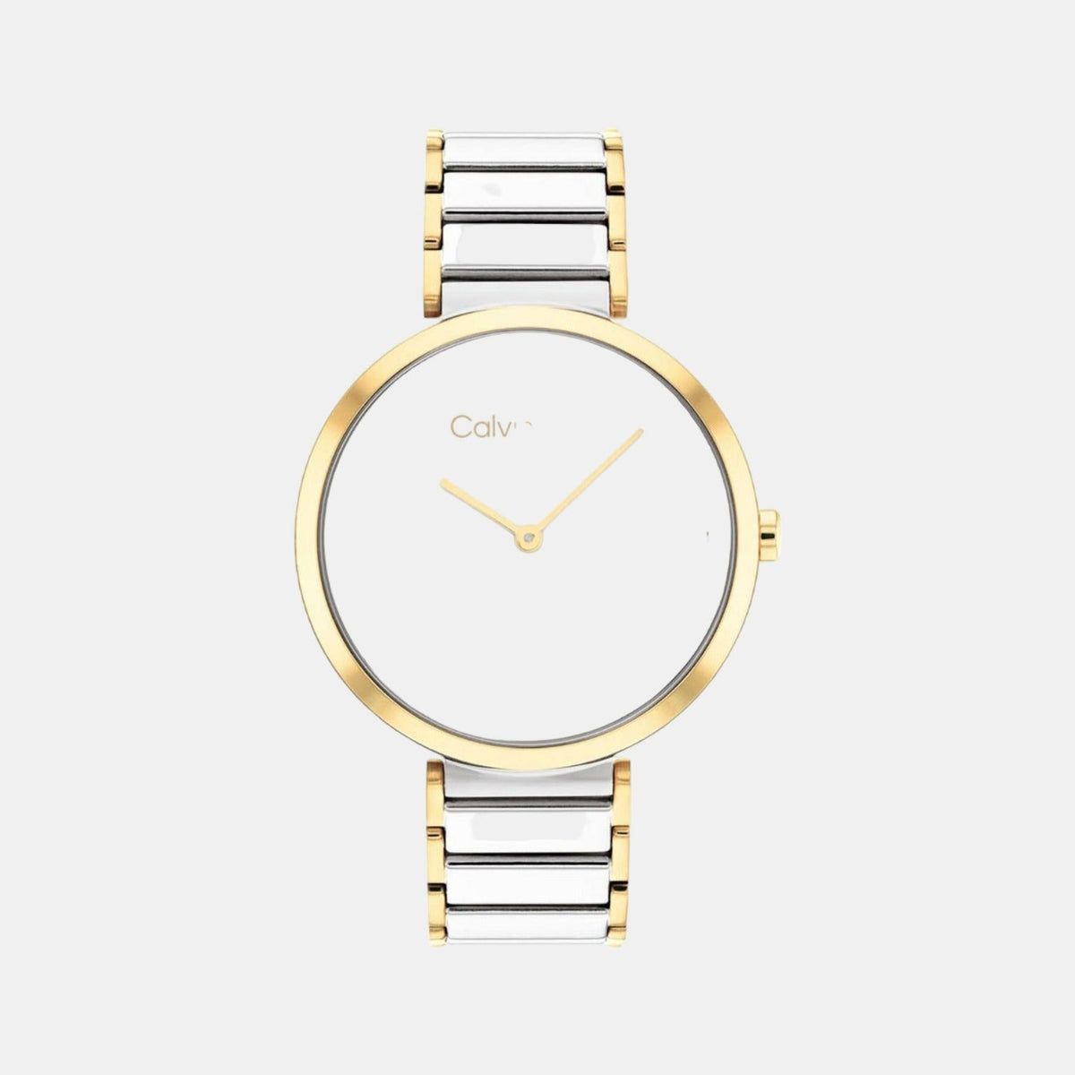 Angled view of Calvin Klein Stately watch showing dial with diamond markers and two-tone bracelet