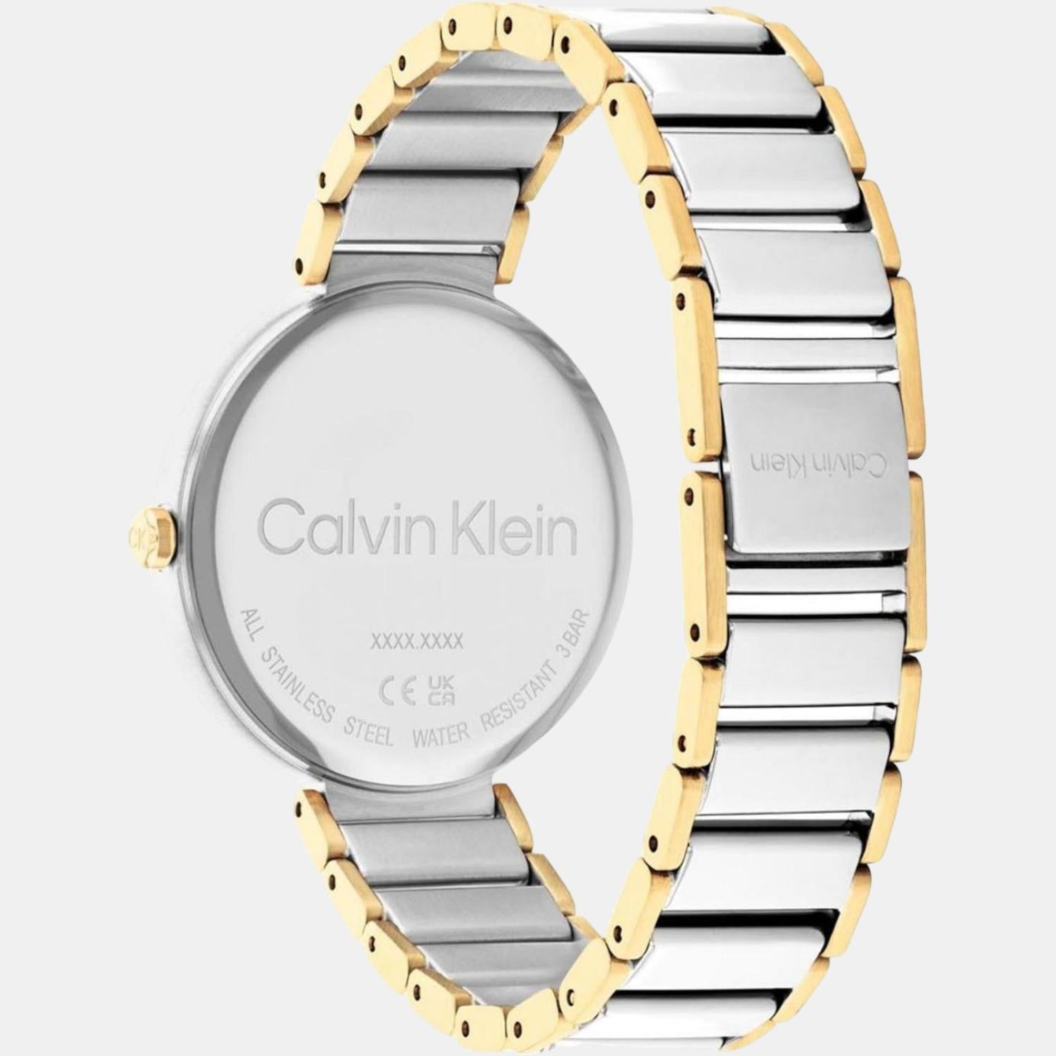 Caseback of Calvin Klein Stately watch with stainless steel visible and engraved Calvin Klein branding