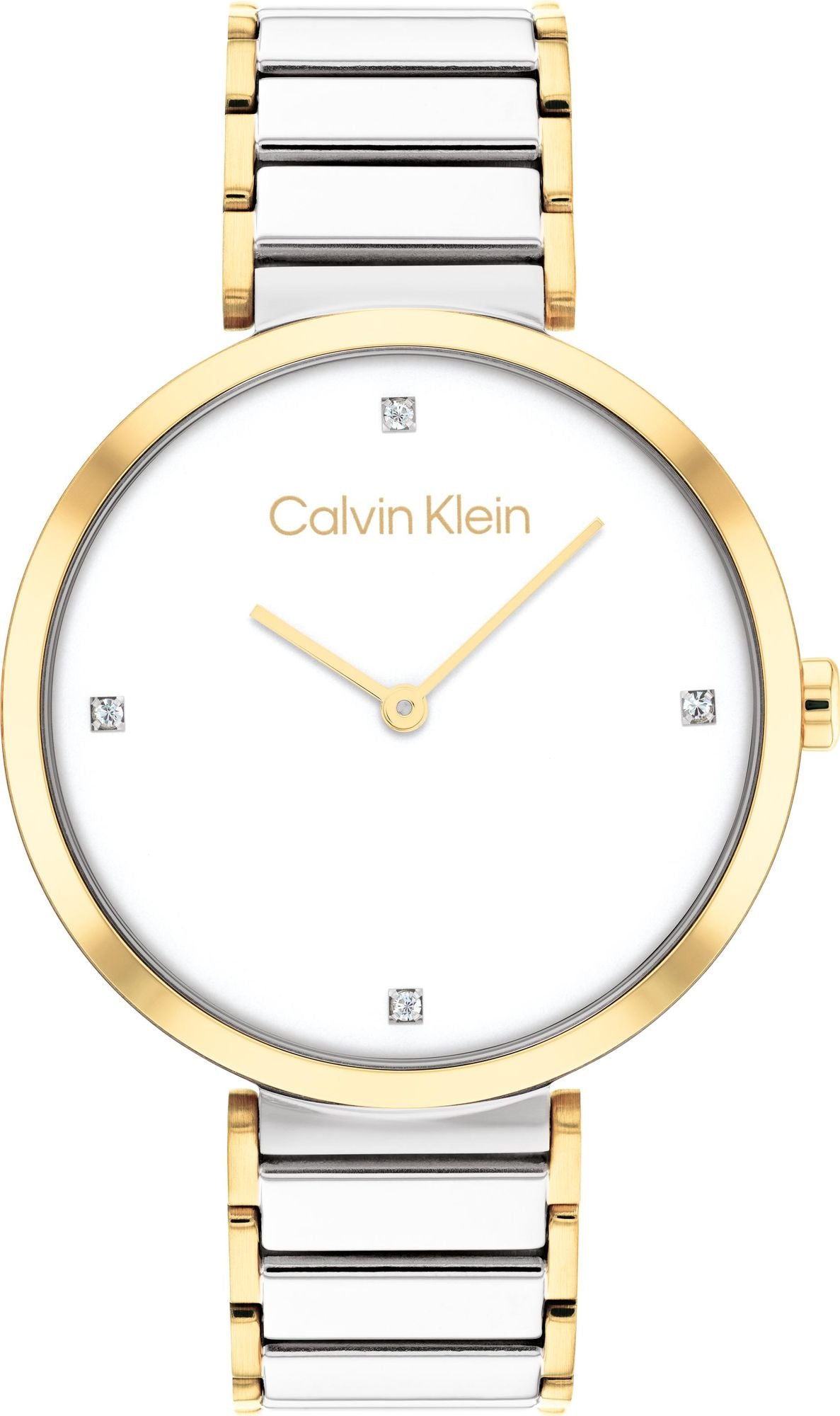 Calvin Klein Stately men's watch with white dial, gold-tone bezel, and two-tone steel bracelet