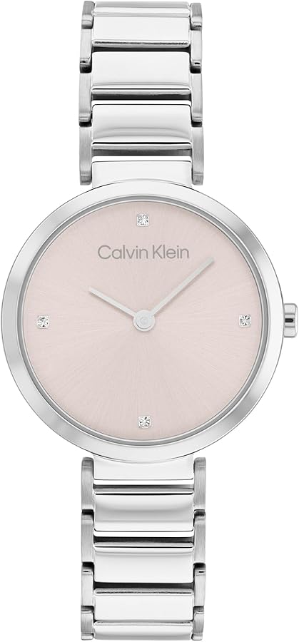 Calvin Klein Stately women's watch with nude dial and silver stainless steel bracelet, front view