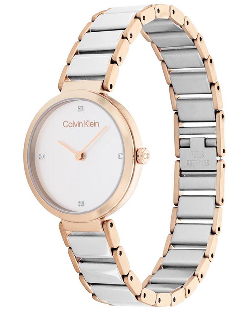 Calvin Klein Stately watch angled view showing white dial and two-tone rose gold and silver bracelet