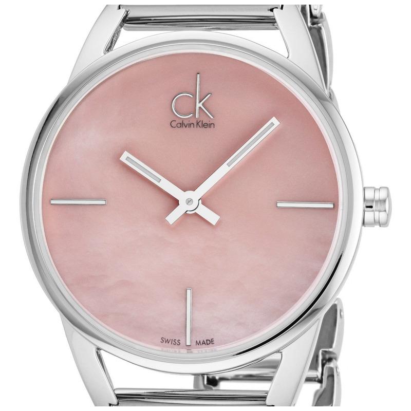 Calvin Klein Stately K3G2312E close-up of pink dial with hour markers and hands