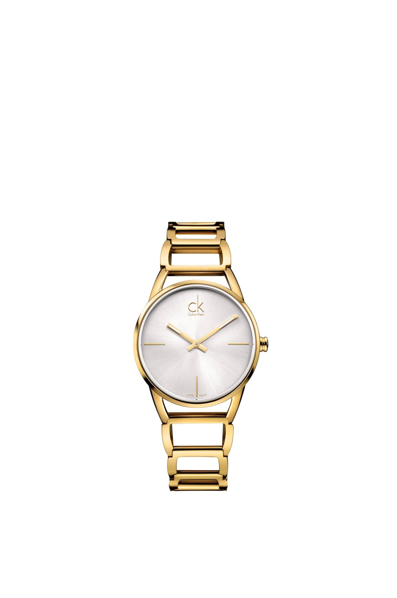 Calvin Klein Stately women's watch full view with silver dial and minimalist gold accents