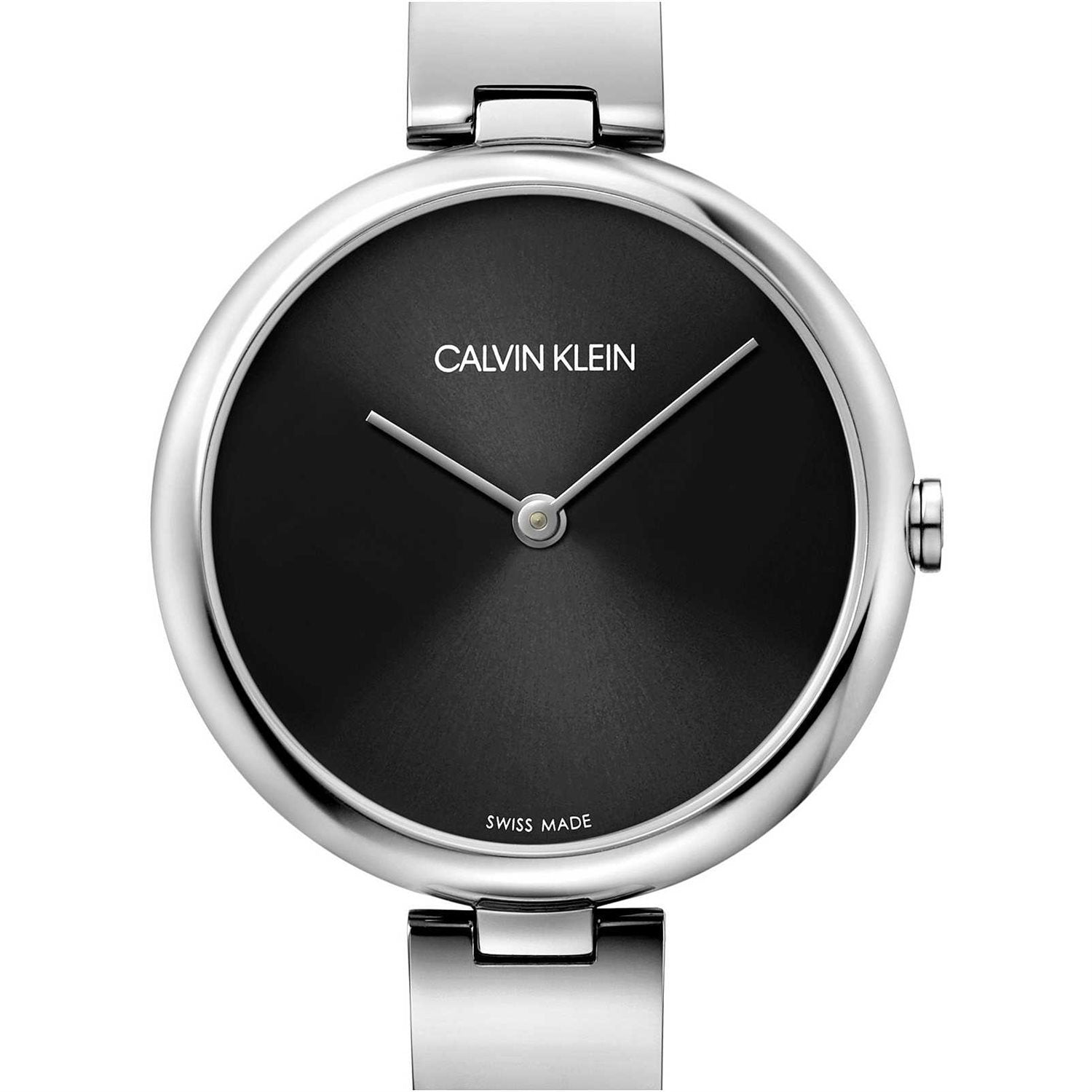 Calvin Klein Wavy K9U23141 quartz watch front view with black dial and silver-tone case