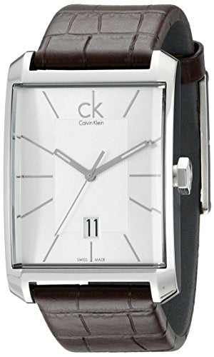 Calvin Klein Window K2M21126 watch at angle showing rectangular case and brown leather strap