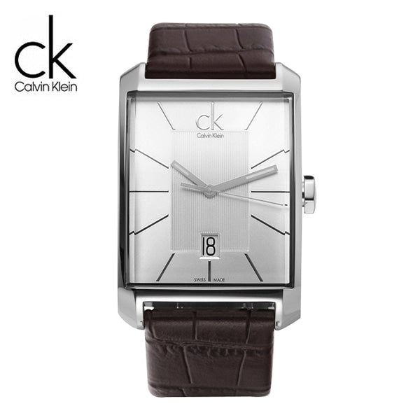 Calvin Klein Window K2M21126 men's rectangular watch with CK logo, silver dial, and brown strap
