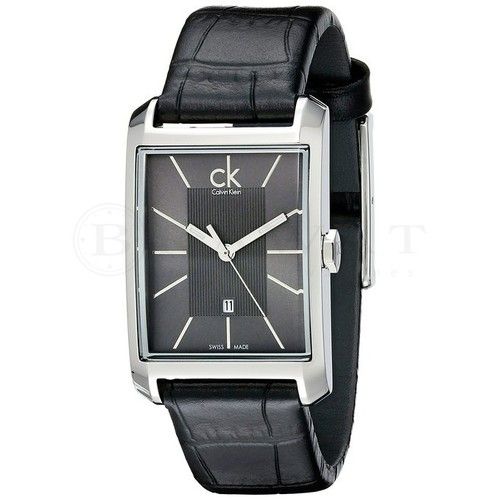 Calvin Klein Window K2M23107 watch at angle highlighting rectangular case design and leather strap