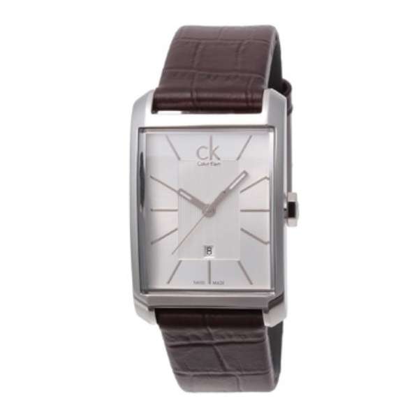 Calvin Klein Window rectangular watch face with silver dial and brown leather band