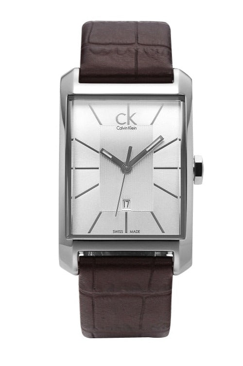 Calvin Klein Window rectangular watch with silver dial and brown crocodile leather strap