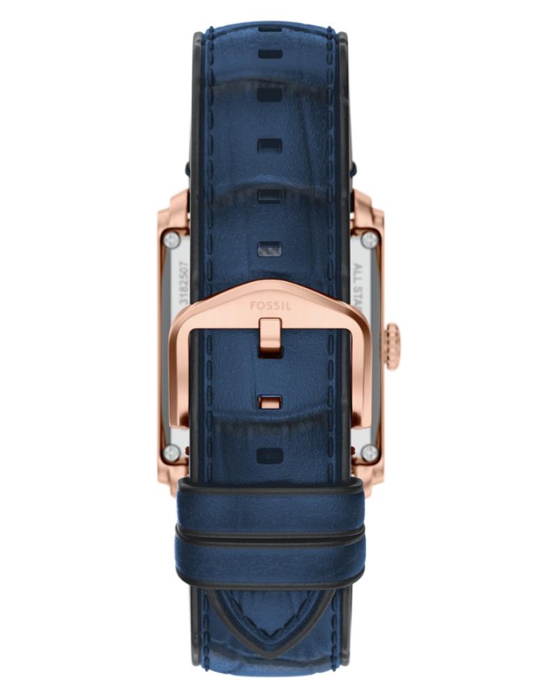 Caseback view of Carraway ME3274 with blue crocodile leather strap and rose gold case