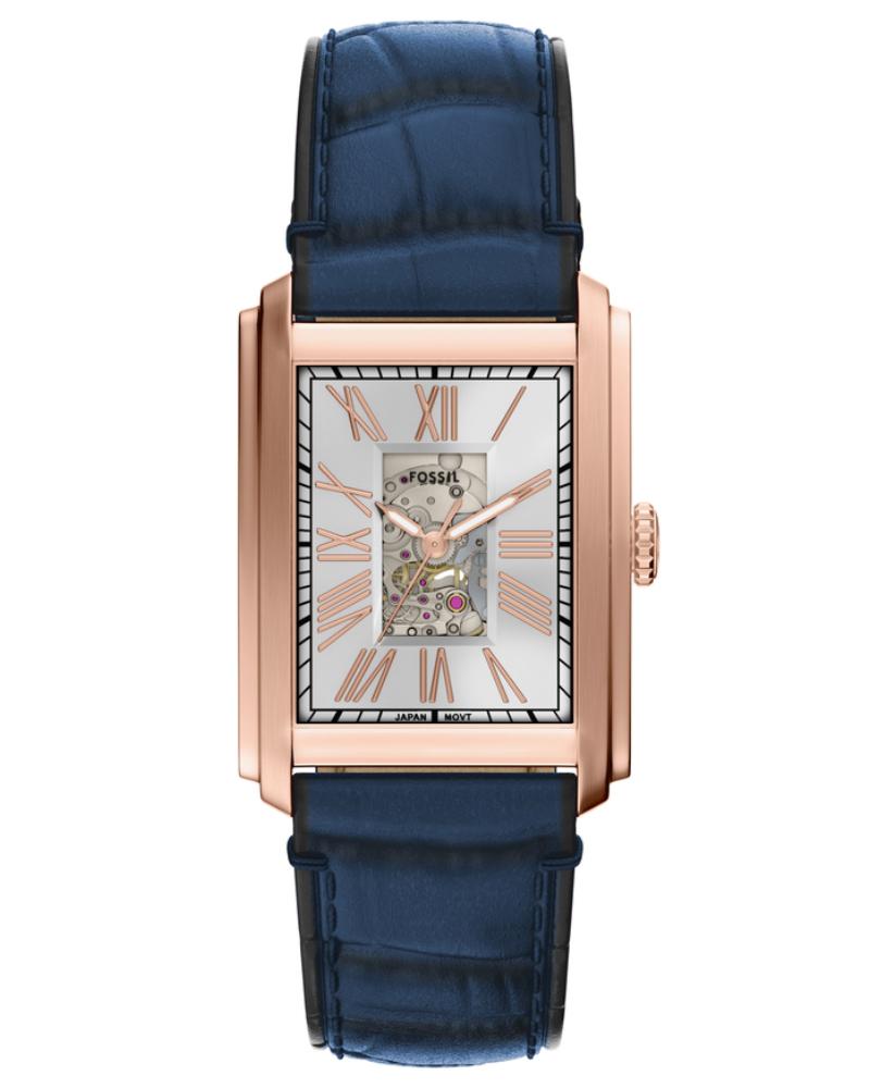 Carraway ME3274 automatic watch with rose gold case, white dial, and blue crocodile leather strap