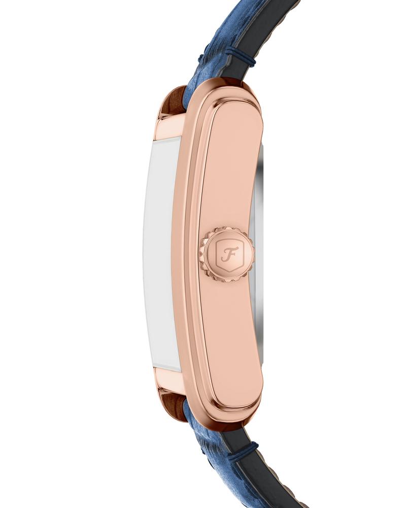 Side view of Carraway ME3274 showing rose gold case profile and blue crocodile leather strap