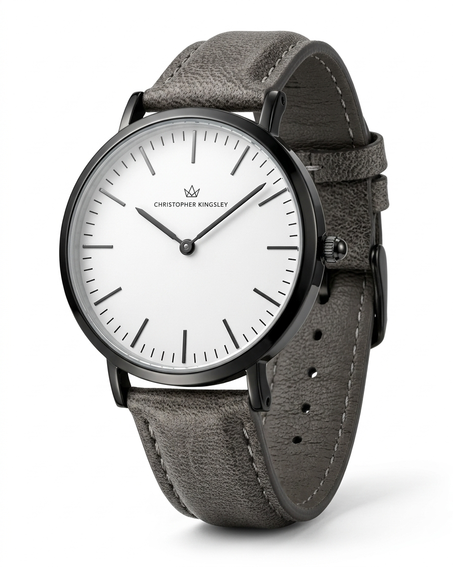 Christopher Kingsley watch on grey leather strap shown at side angle with visible buckle