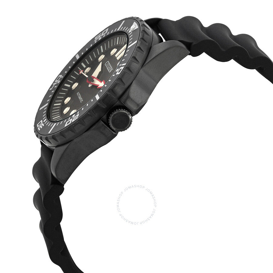 Side profile of Citizen NJ0125-11E with black rubber strap and crown detail