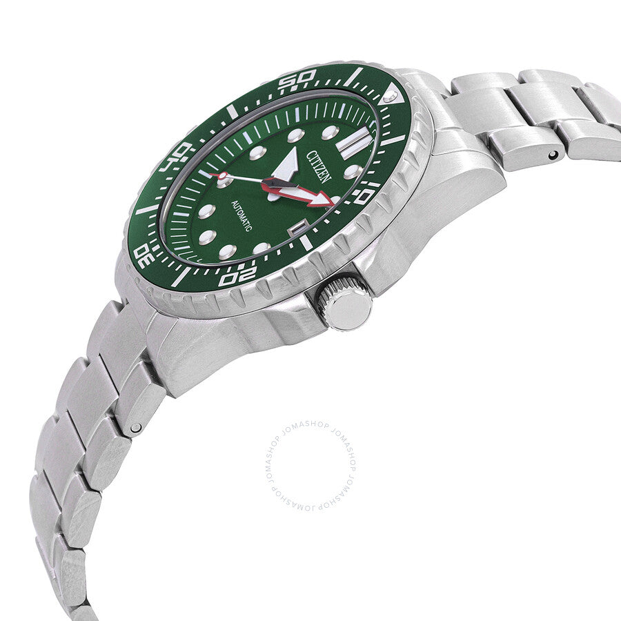 Side angle view of Citizen automatic watch showing green bezel, dial, and stainless steel bracelet