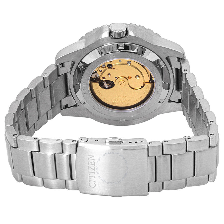 Citizen automatic watch caseback showing visible movement with gold rotor through transparent case