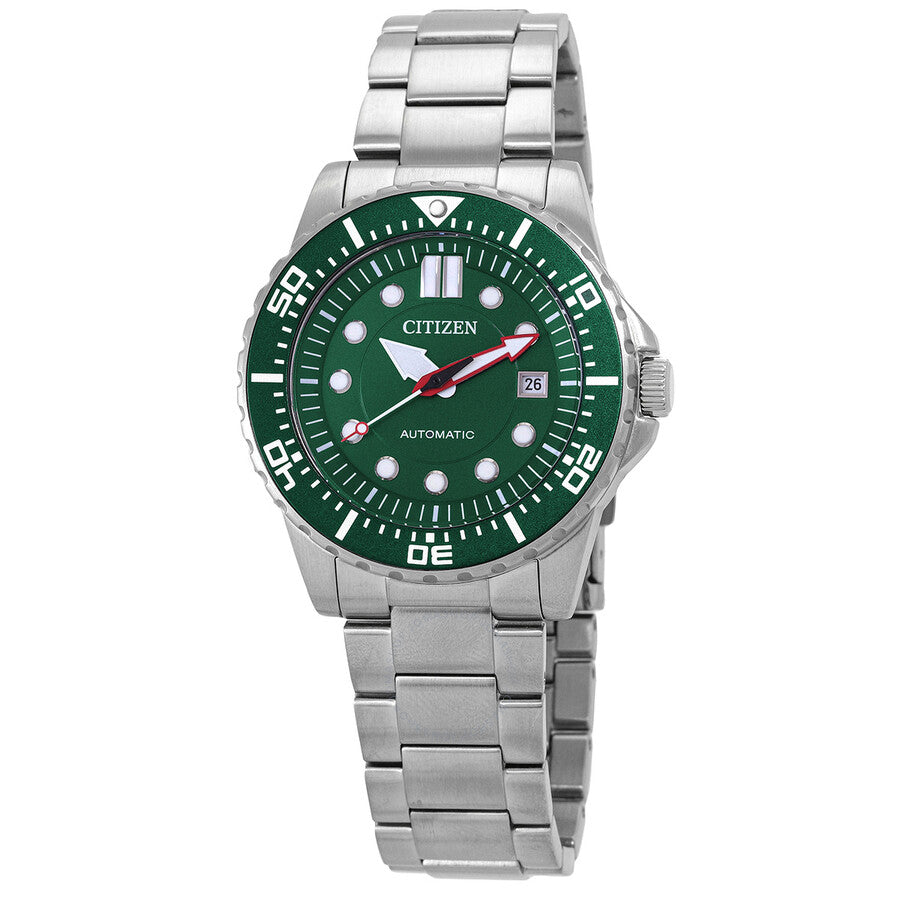 Citizen automatic watch with green dial, white indices, stainless steel case and bracelet