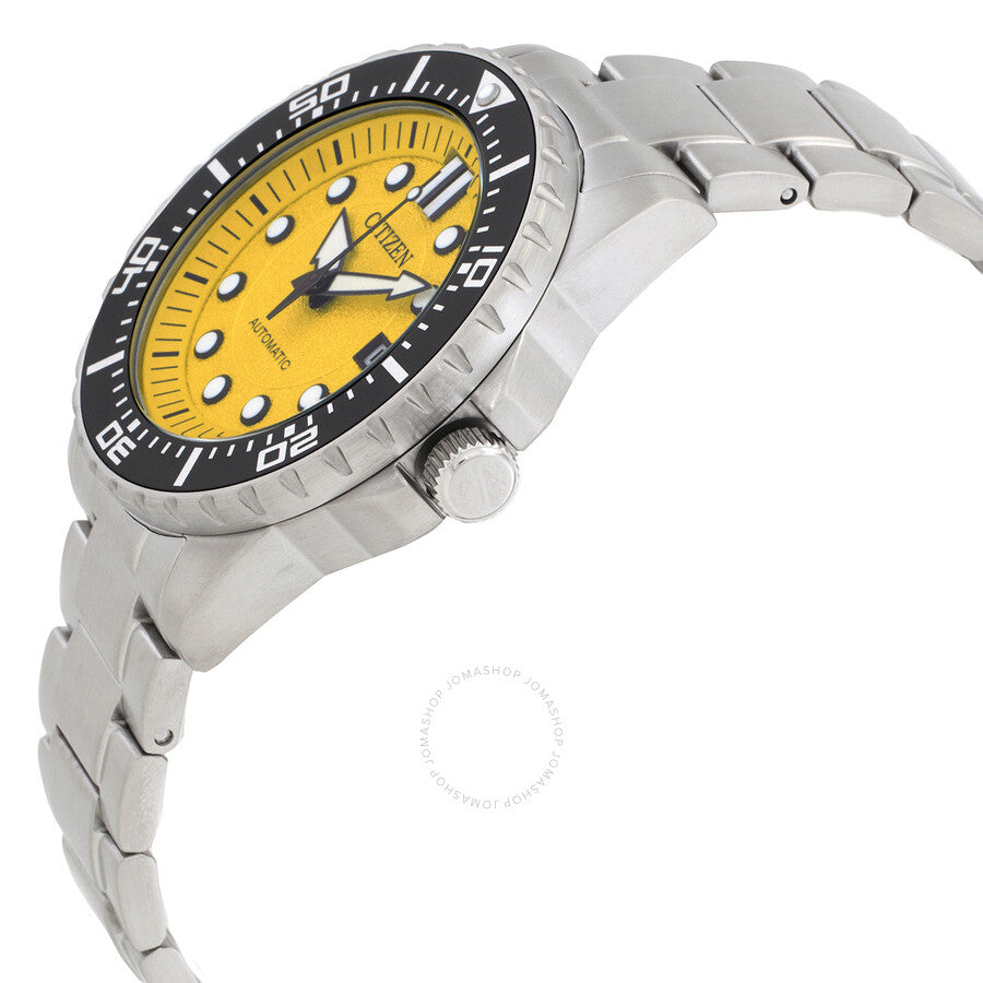 Side angle view of Citizen automatic watch showing yellow dial and stainless steel bracelet