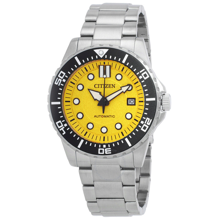 Citizen automatic men's watch with yellow dial, black bezel, and stainless steel bracelet